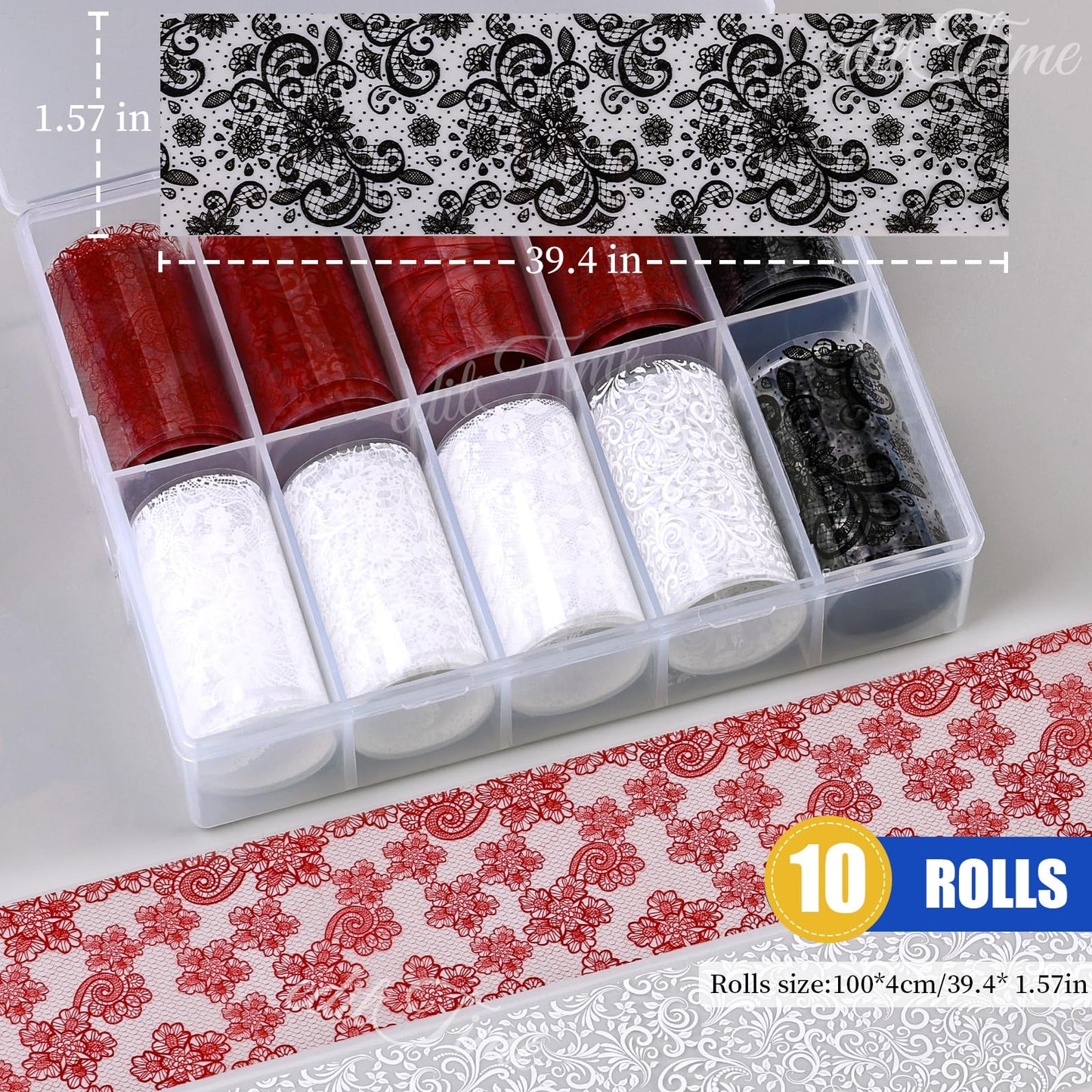 Lace Nail Foil Transfer Sheets, 10 Rolls Black White Red Flower Nail Art Transfer Foils Decals, Flower Nail Art Foils Decals Holographic Foils for Nails Manicure DIY (10 Rolls Red+Black+White)