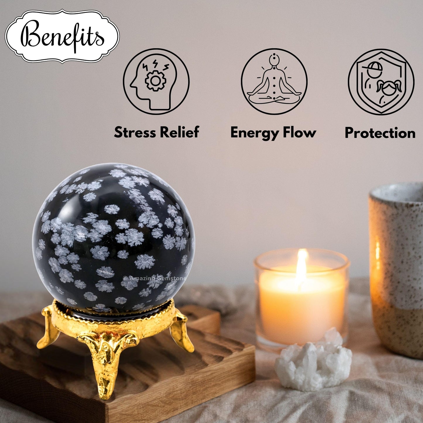 Amazing Gemstone Snowflake Obsidian Crystal Ball with Stand - 2" Inches Crystal Sphere Meditation Balls for Witchcraft and Decorative Balls