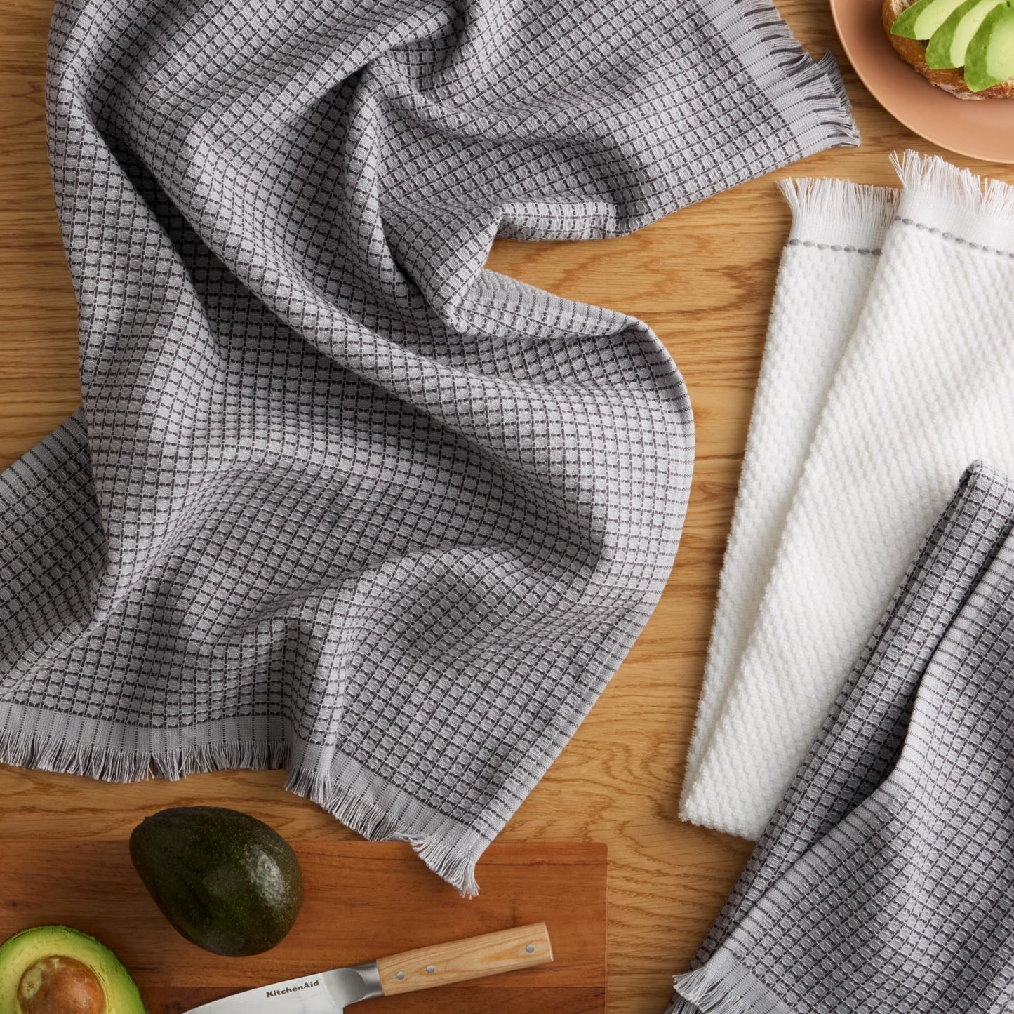 KitchenAid Gourmet Series Gridlines Kitchen Towels 3-Pack Set, 100% Cotton Absorbent, Matte Grey, 18"x28"
