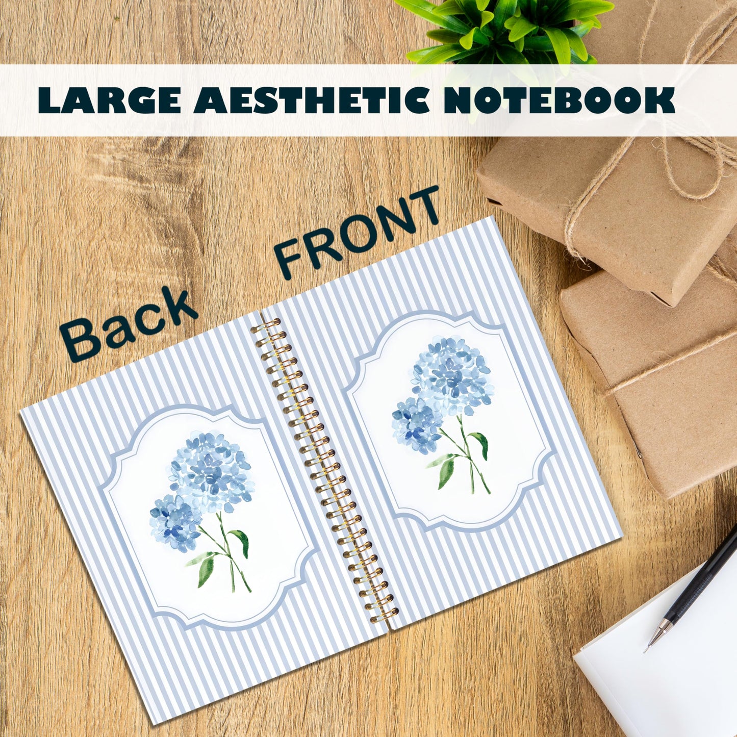 ignytiger Blue Hydrangea Notebook Journal, Hydrangea Gifts, Cute Blue and White Stripes Girly Floral Journal Spiral Notebook Aesthetic Office Supplies, 5.5x8.3 Inch