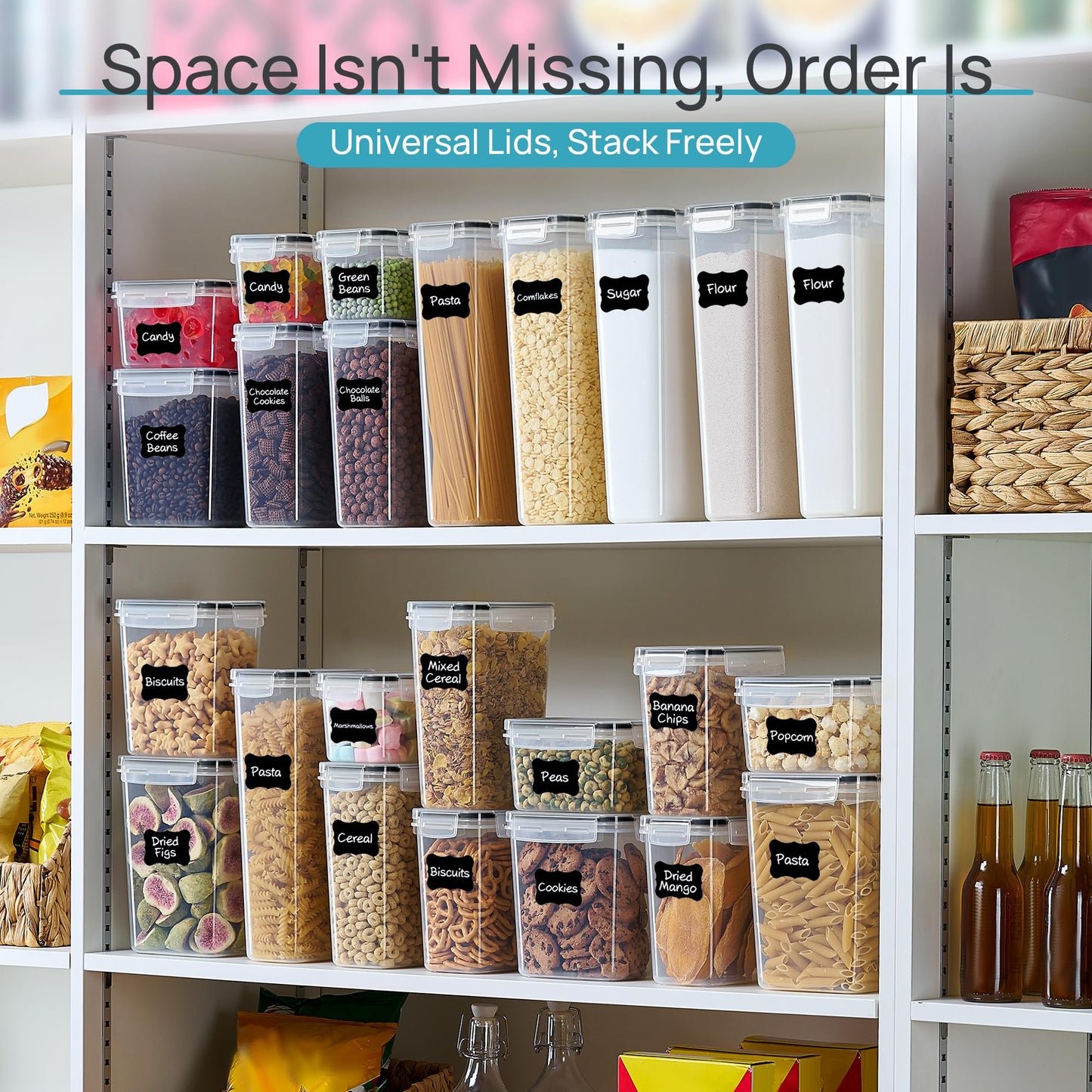 Airtight Food Storage Containers with Lids, Vtopmart 24 pcs Plastic Kitchen and Pantry Organization Canisters for Cereal, Dry Food, Flour and Sugar, BPA Free, Includes 24 Labels，Black