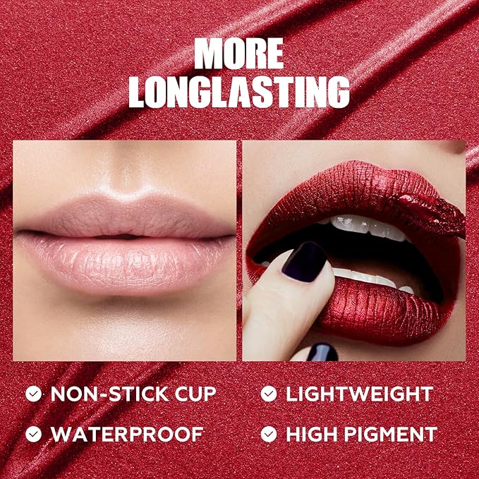 FOCALLURE Metallic Liquid Lipstick,Non Stick Cup Lip Gloss,High Impact Lip Color with Transfer-proof Wear,Long Lasting & Waterproof Lipstick Makeup for Women,RD02 Painkiller
