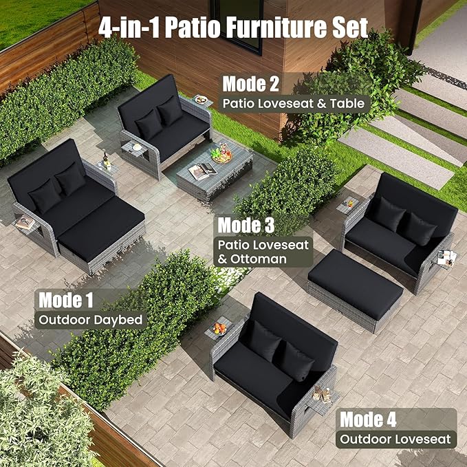 LDAILY Moccha Outdoor Daybed, Wicker Loveseat Sofa Set with 4-Postion Adjustable Backrest, Storage Ottoman, Cushions, Rattan Double Bed Lounger, Patio Furniture Set (Mixed Gray+Black)