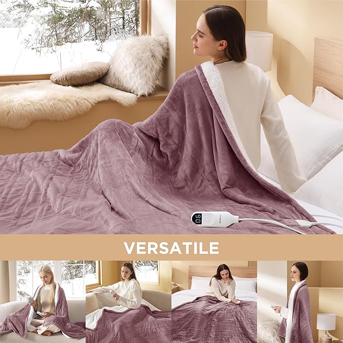 Bedsure Electric Twin Blanket - Soft Flannel & Sherpa, 6 Heat & 10 Time Settings, Purple, 62x84 inches