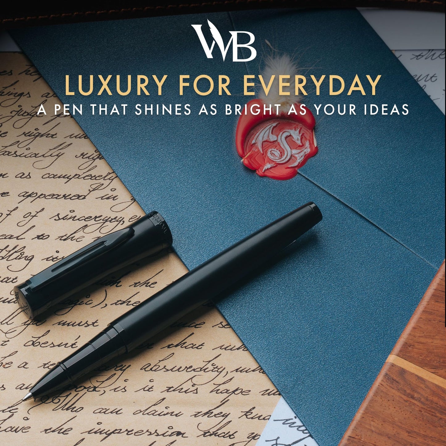 Wordsworth and Black Rollerball Pen - Luxury Pen - All Black Lacquer Finish, Ink Refill, Refillable Gift for Men & Women, Professional Writing, Nice and Fancy Pens and for Work