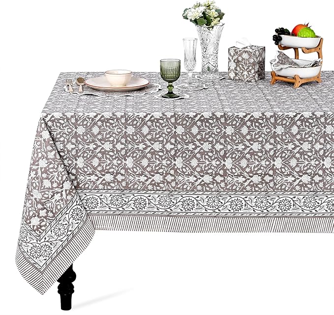 Ridhi Hand Block Print Taupe Rectangle Cotton Tablecloth 140" x 72" Reusable Table Cover Decorative Everyday Use for Dining, Farmhouse, Home Gift for Spring, Easter, Valentine
