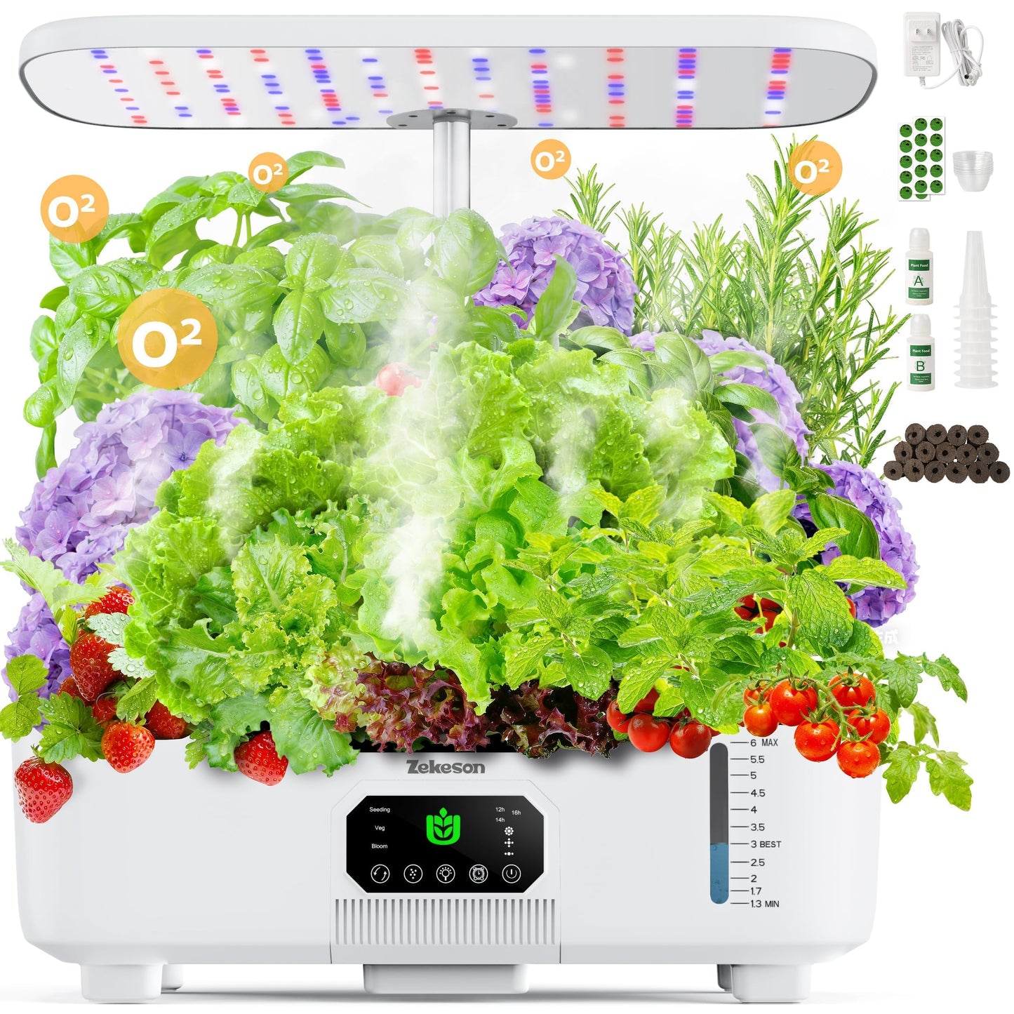 Misting Hydroponic Growing System Kit 15-Pods Indoor Smart Herb Garden Planter with LCD Touch Panel 6L Large Tank for Herb/Vegetables/Flowers/Fruits, Gardening Gifts for Women Men Beginners - White