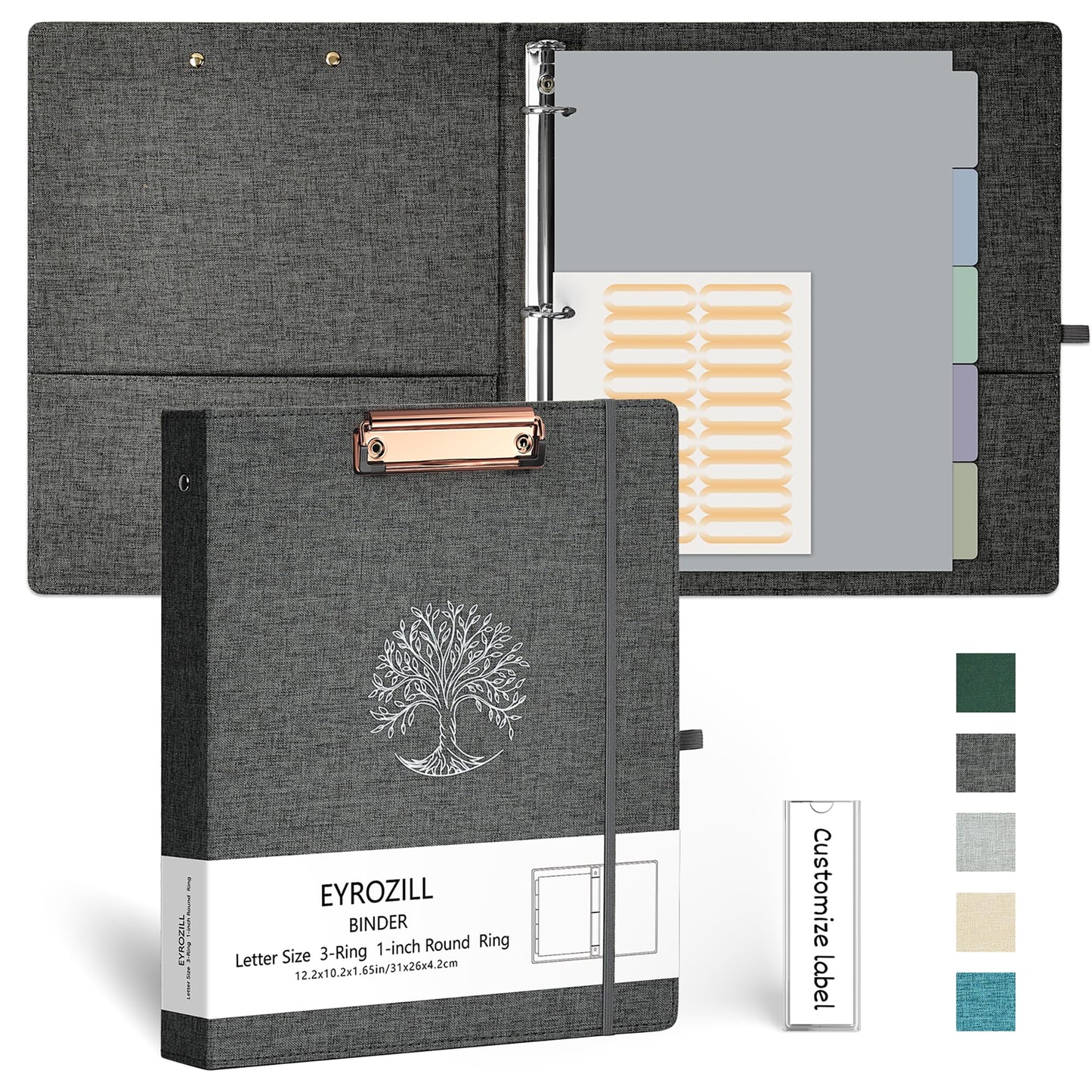 EYROZILL 3 Ring Binder, 1 Inch Linen Binder Organizer for Letter Size (8.5" x 11") with 5 Tab Dividers, File Folder Labels and Low Profile Clipboards, School and Office Supplies- Dark Grey