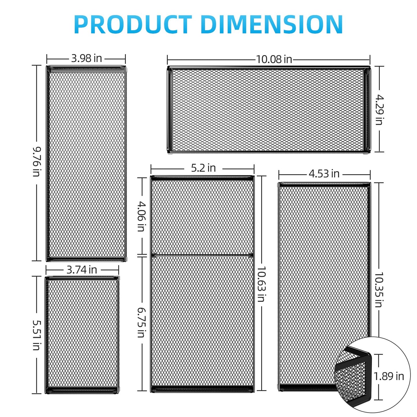 Marbrasse 5 Pack Desk Drawer Organizer Set, Mesh Drawer Storage Trays with 1 Adjustable Divider, Desk Organizers and Accessories, 5 PCS Drawer for Office Supplies, Makeup & Vanity (Black)