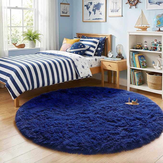 Navy Blue Round Rug 6Ft for Boys Bedroom, Large Fluffy Fuzzy Circle Area Rugs for Kids Playroom, Living Room Decor Aesthetic, Cute Shaggy Plush Floor Royal Dark Blue Carpet for Dorm Teen Baby Nursery