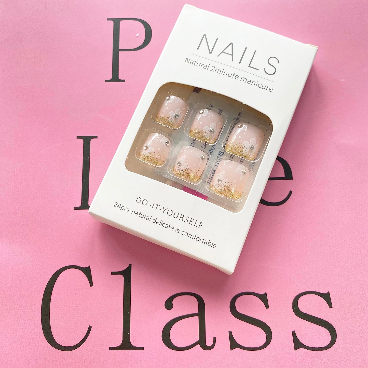 French Tip Press On Toe Nail for Women Fake Toenail with Flower Gold Glitter Rhinestones Designs Glossy Fashion False Toenail Full Cover Acrylic Nails Art DIY Foot Nail Design Toenail Tips 24Pcs