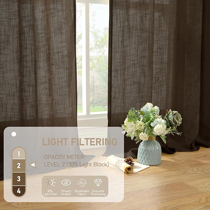 LAMIT Linen Curtains 60 Inch Length 2 Panels, Light Filtering Panels Back Tab and Rod Pocket Neutral Drapes for Bedroom/Window/Living Room, Dark Brown, 34 x 60 Inch