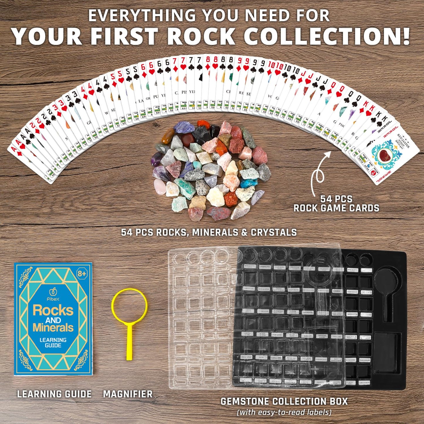 PIBEX Rock Collection Starter Kit - 54 Pcs Assorted Gemstones, Crystals, Rocks & Minerals, with Learning Book & ID Cards, Earth Science Kit Toy, A Geology Gift for Kids & Adults Ages 8+