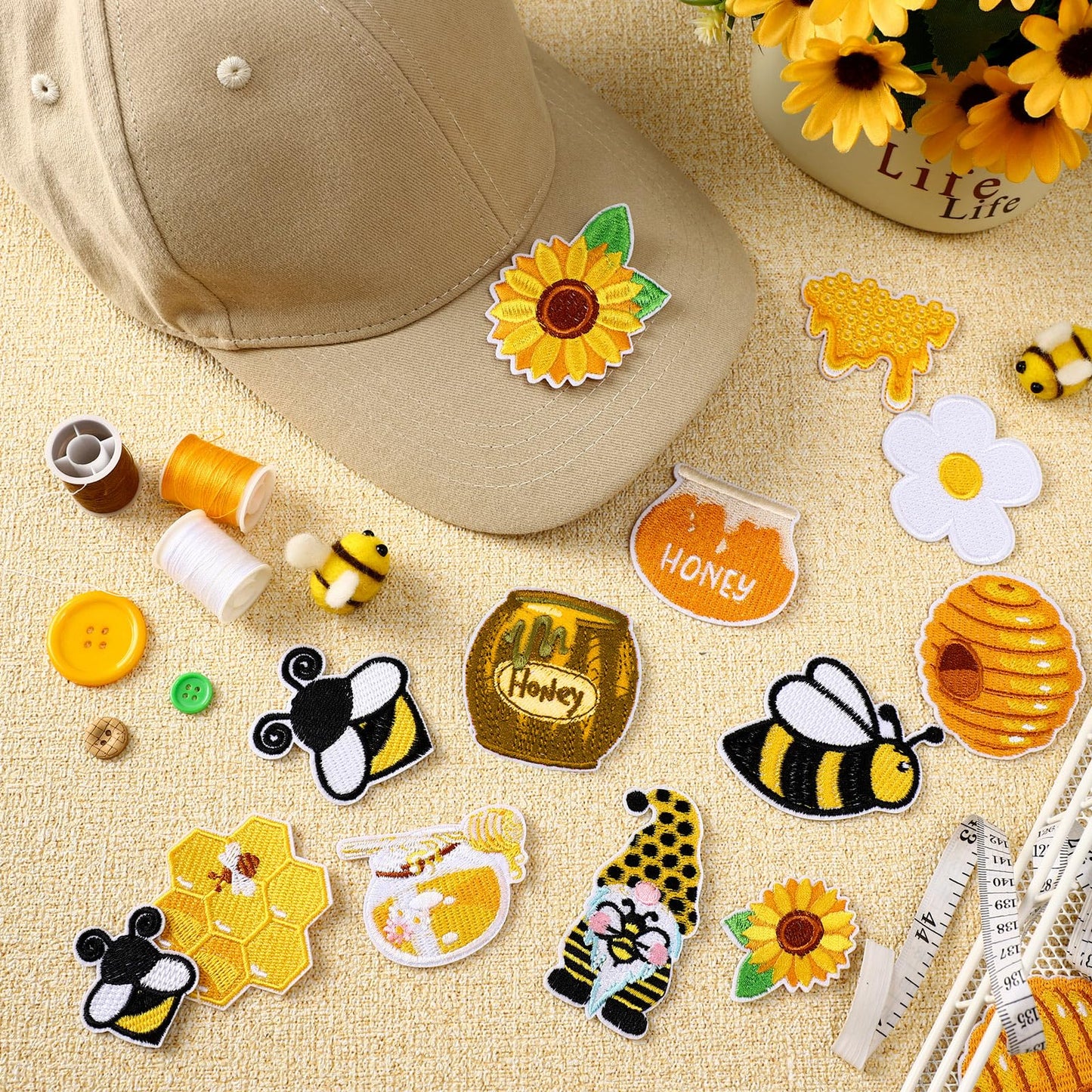 Hotop 48 Pcs Bee Iron on Patches Honeybee Patch Backpacking Sew on Embroidered for Jeans Jackets Clothes Backpack Cap DIY Crafts Sew Making