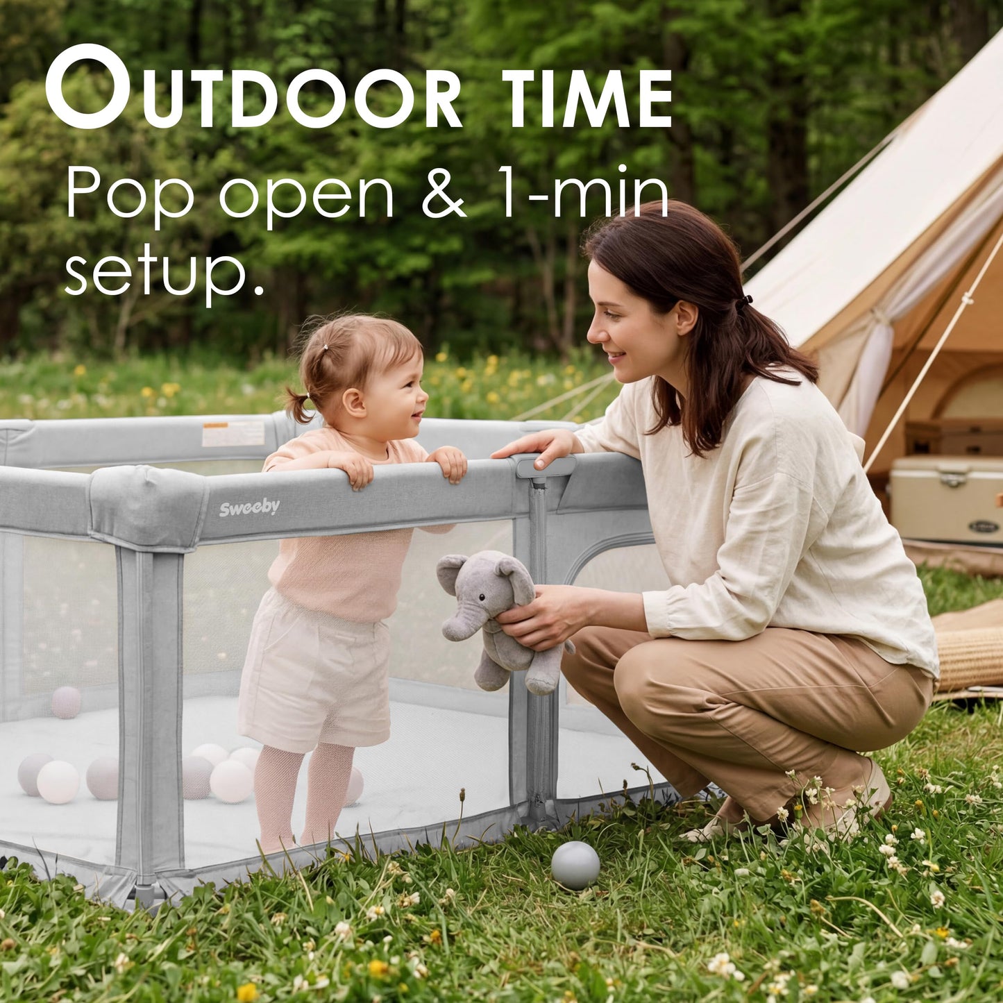 Sweeby Baby Playpen, 59x59 Inch Baby Gate Foldable Playpens for Babies and Toddlers, Extra Large Playpen with Door Play Yard for Kids Fence Indoor and Outdoor Play Pen, Gray