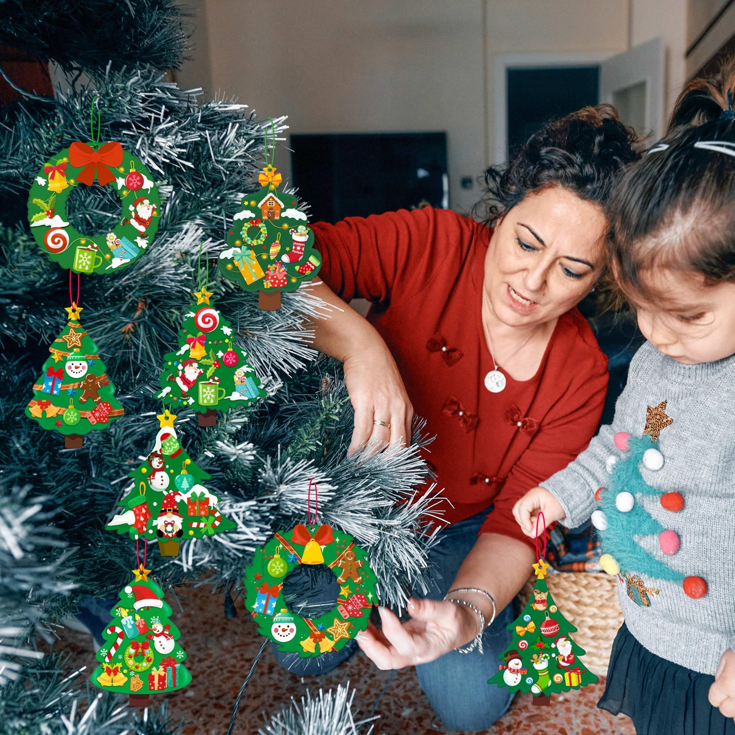 80UncleKimby 60pcs Christmas Crafts for Kids - DIY Xmas Tree Wreath Ornaments with Sticker Kits - Set for Holiday Decorations, Party Favors, and Classroom Activities