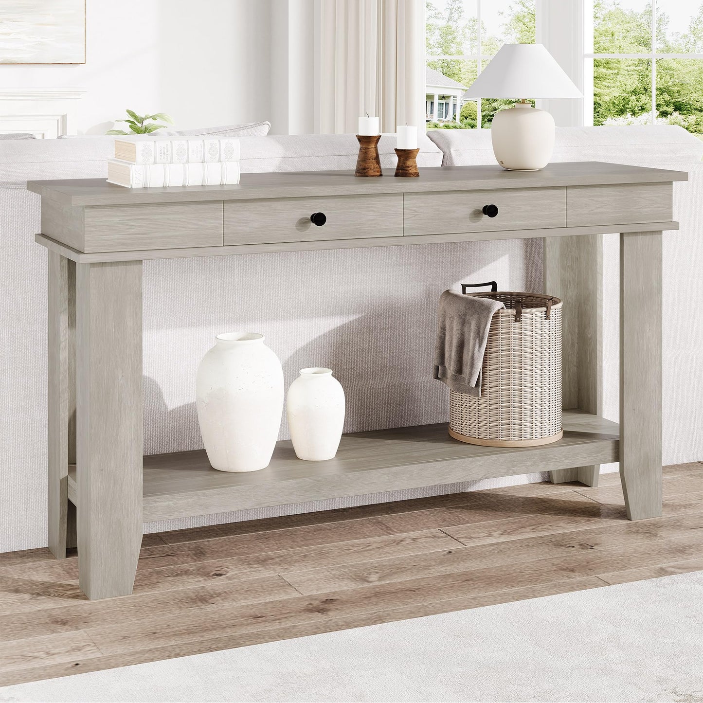 Garvee 54-Inch Long Console Table with Drawers, Wooden Rectangular Entryway Table w/Open Storage Shelf, Sofa Table Behind Couch, Farmhouse Entry Foyer Table for Entryway, Hallway, Living Room