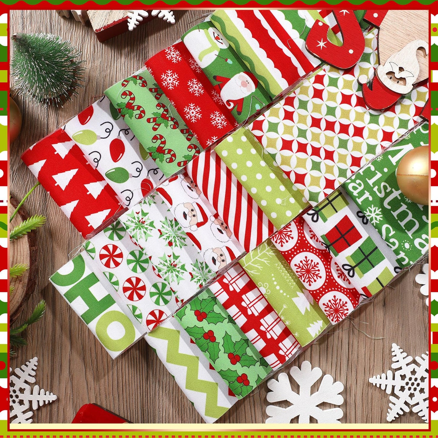 Fanfanwin 40 Pcs Red and Green Christmas Quilting Fabric Roll 2.56 Inch Precut Fabric Squares Jelly Patchwork Snowflake Peppermint Strips Materials for Winter Xmas Holiday Craft Sewing Panels DIY