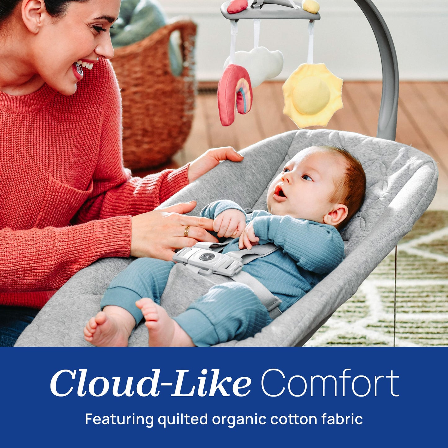 Chicco Float Baby Bouncer Seat, Quilted Organic Cotton Seat Pad, Included Toy bar with Plush Toys, Cloud/Grey