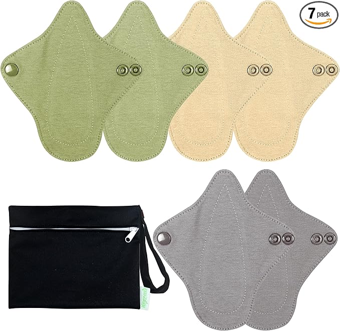 wegreeco 6 Pc Reusable Menstrual Pads, Ultra Thin Pantiliners for Thongs, Cloth Pads, Panty Liners for Teens, Women, Nonslip Pantiliners + 1 Pc Wet Bag(Mustard Yellow, Grey, Beige, XS)