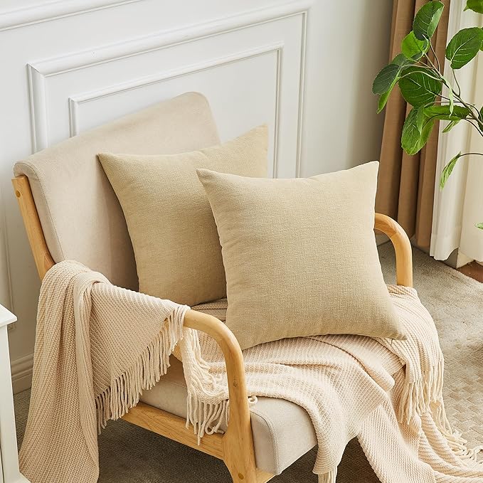 GAWAMAY Decorative Square Throw Pillow Covers 18"x18" Inch Set of 2, Super Soft Chenille Pillows Cover Fall Pillowcase for Living Room Bedroom Sofa Couch Cushion Cover Khaki 45x45cm (No Insert)