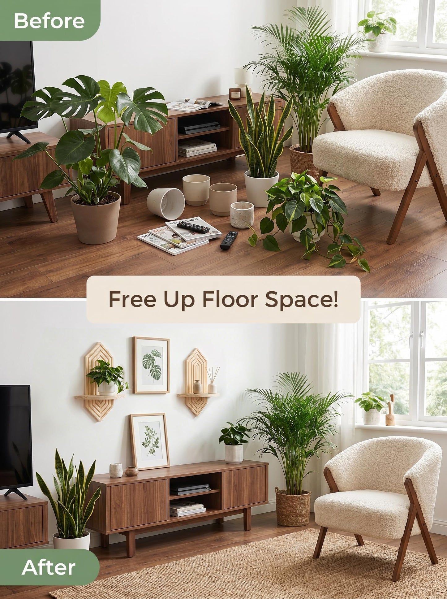 BenChiRealm 2 Pcs Floating Shelves for Wall, Pine Wood Boho Wall Decor, Mid Century Modern Decor Plant Wall Shelf, Vertical Wall Plant Holder,for Living Room,Bedroom，Nursey Room (Natural)