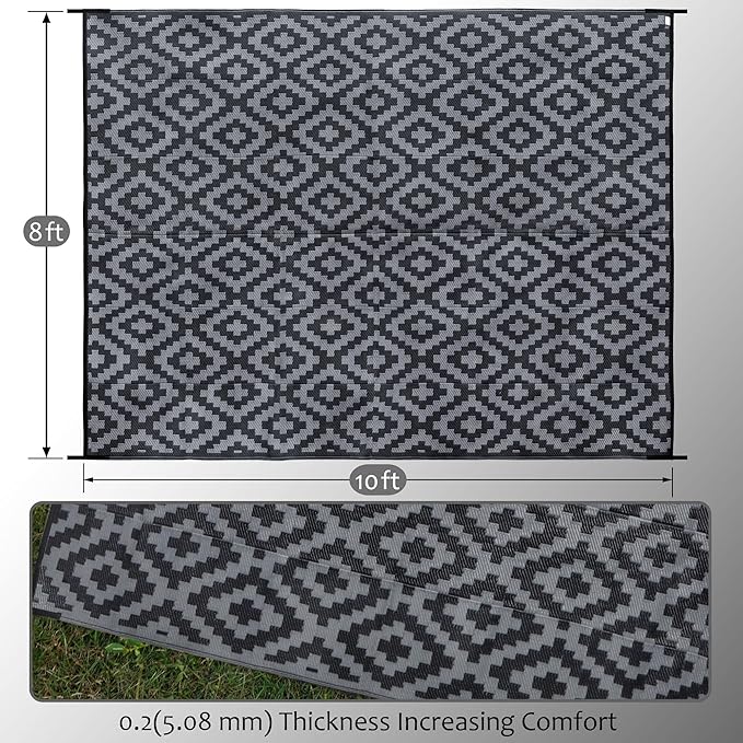 SAND MINE Waterproof Outdoor Rug 8x10 ft, Plastic Reversible Rug, Modern Area Rug, Large Floor Mat for Outdoors, RV, Patio, Backyard, Deck, Picnic, Beach, Camping (8' x 10', Black Grey Lattice)