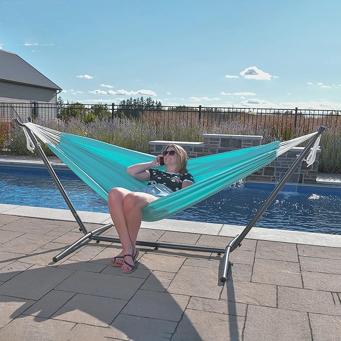 Vivere Double Cotton Hammock with Space Saving Steel Stand, Upgraded Polyester End Strings 450 lb Capacity - Premium Carry Bag Included - (Aruba)