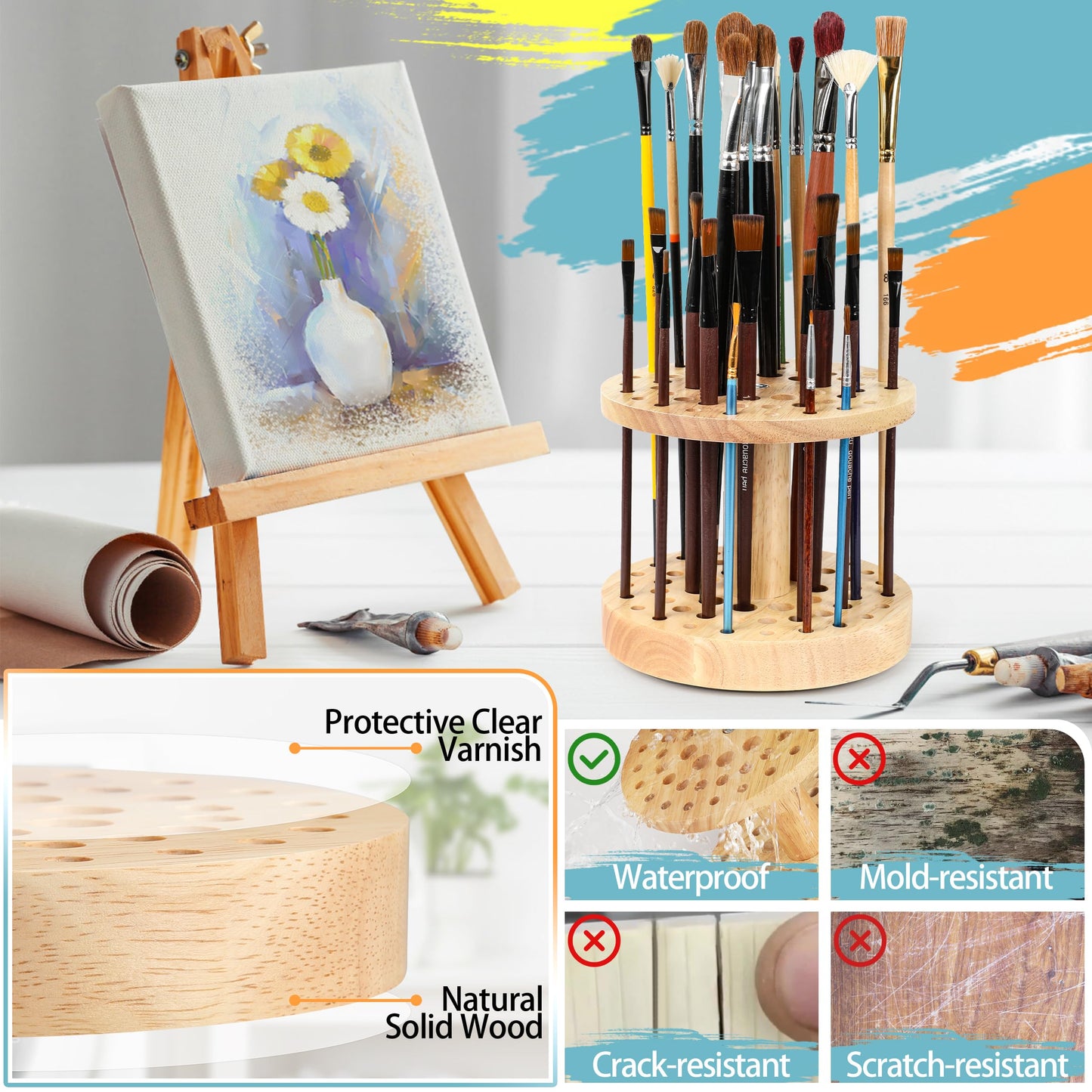 Dlicoda 52 Holes Paint Brush Holder, 360° Rotating Paint Brush Organizer, Hardwood Storage Stand Rack for Artists Brushes, Crafts Tools, Makeup Brush, Calligraphy Pens