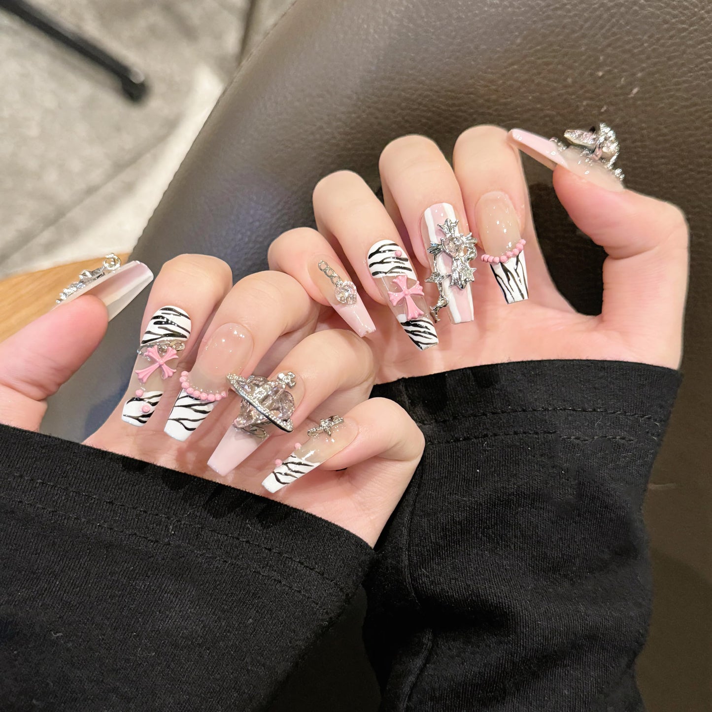NLSJMP 3D handmade Gel nails press on false nails long square pink white, big heart rhinestone cross star cute acrylic Reusable fake nails designed kit,10 Nails Size S #95