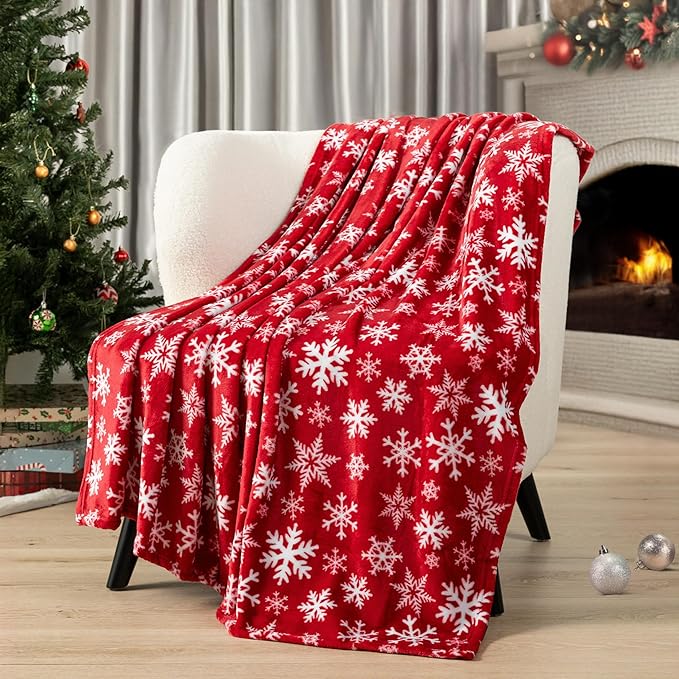 PAVILIA Christmas Throw Blanket | Red Snowflake Christmas Fleece Blanket | Soft, Plush, Warm Winter Cabin Throw, Twin 60x80 (Red/White Snowflake)