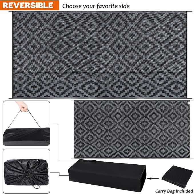SAND MINE Waterproof Outdoor Rug 9x18 ft, Plastic Reversible Rug, Modern Area Rug, Large Floor Mat for Outdoors, RV, Patio, Backyard, Deck, Picnic, Beach, Camping, Black Grey Lattice