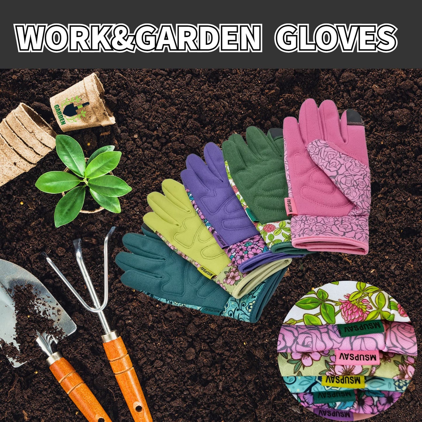 MSUPSAV Gardening Gloves with Touch Screen, Synthetic Leather Yard Work Gloves for Women, Garden Gift, Green, Medium