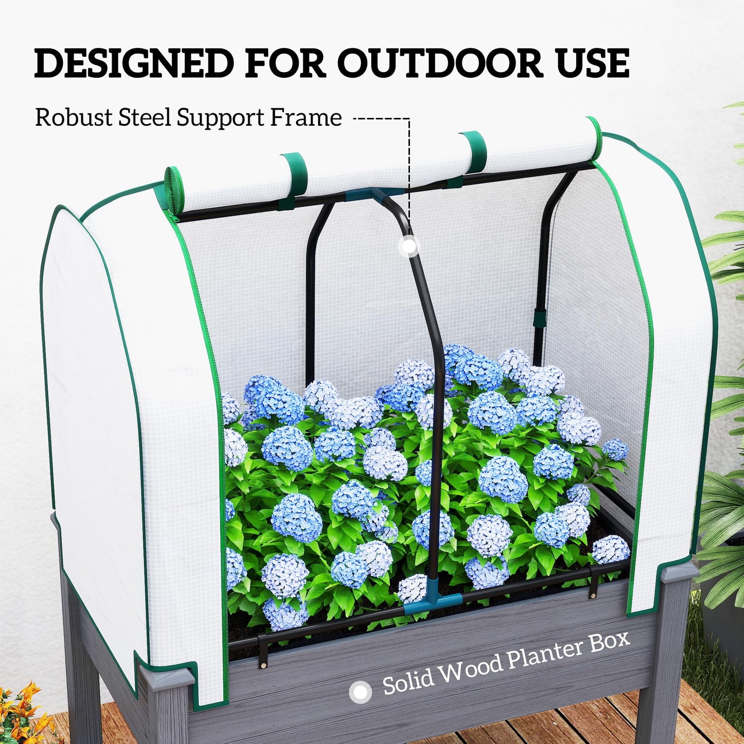 Outsunny Raised Garden Bed with PE Greenhouse Cover Outdoor Elevated Wood Planter Box for Herbs and Vegetables, Use for Patio, Backyard, Balcony, 35 x 22 x 47 inch, Dark Gray