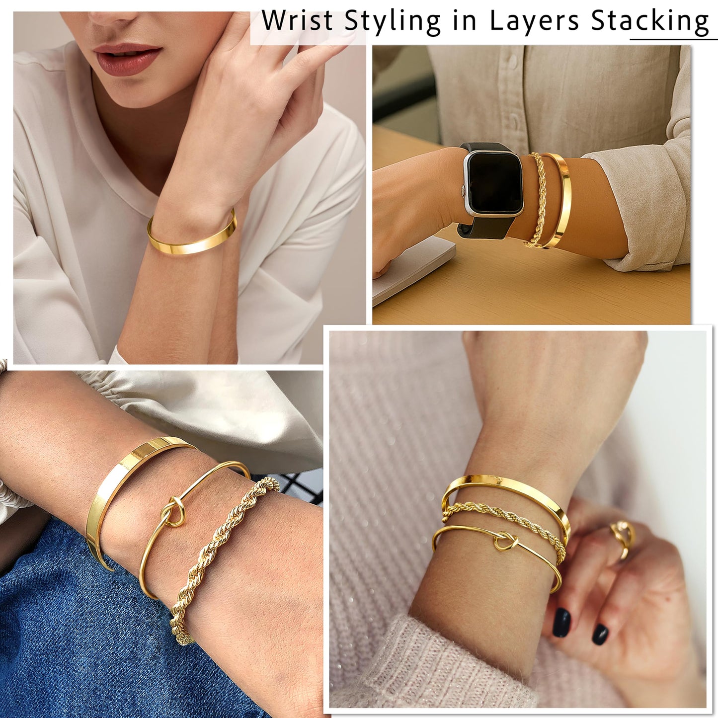 Poxtex Gold Bangle Bracelets Stack for Women, Gold Cuff Link Chain Bracelets, Trendy Waterproof Jewelry Gifts Adjustable