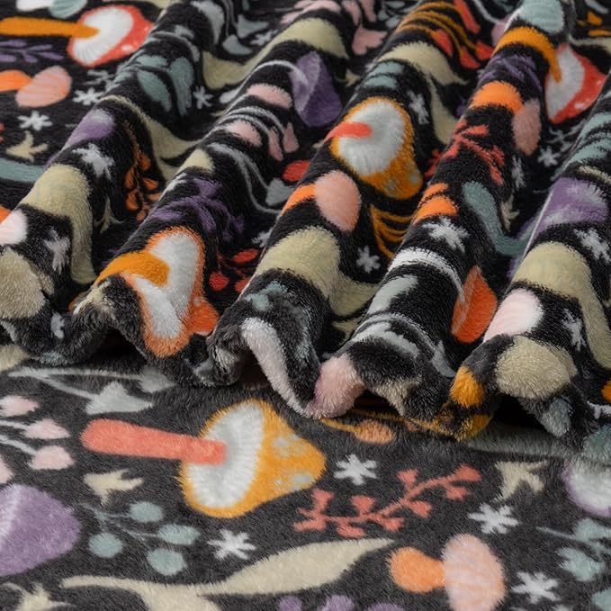 Berkshire Blanket-Classic Heavyweight Warm Soft Printed VelvetLoft® Plush Blanket, King Size Soft Fuzzy Blanket for Couch Sofa Bed, Mushroom Cutie Charcoal, 90in x 108in
