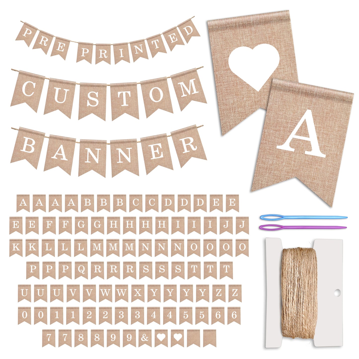 Pre-Printed Banner Kit – 97 BURLAP Flags with WHITE Letters, Numbers & Symbols, Reusable DIY Custom Banner, Make Your Own Personalized Banner for Aesthetic Party Decor, Natural Linen-Look Burlap, Includes Twine & Needles