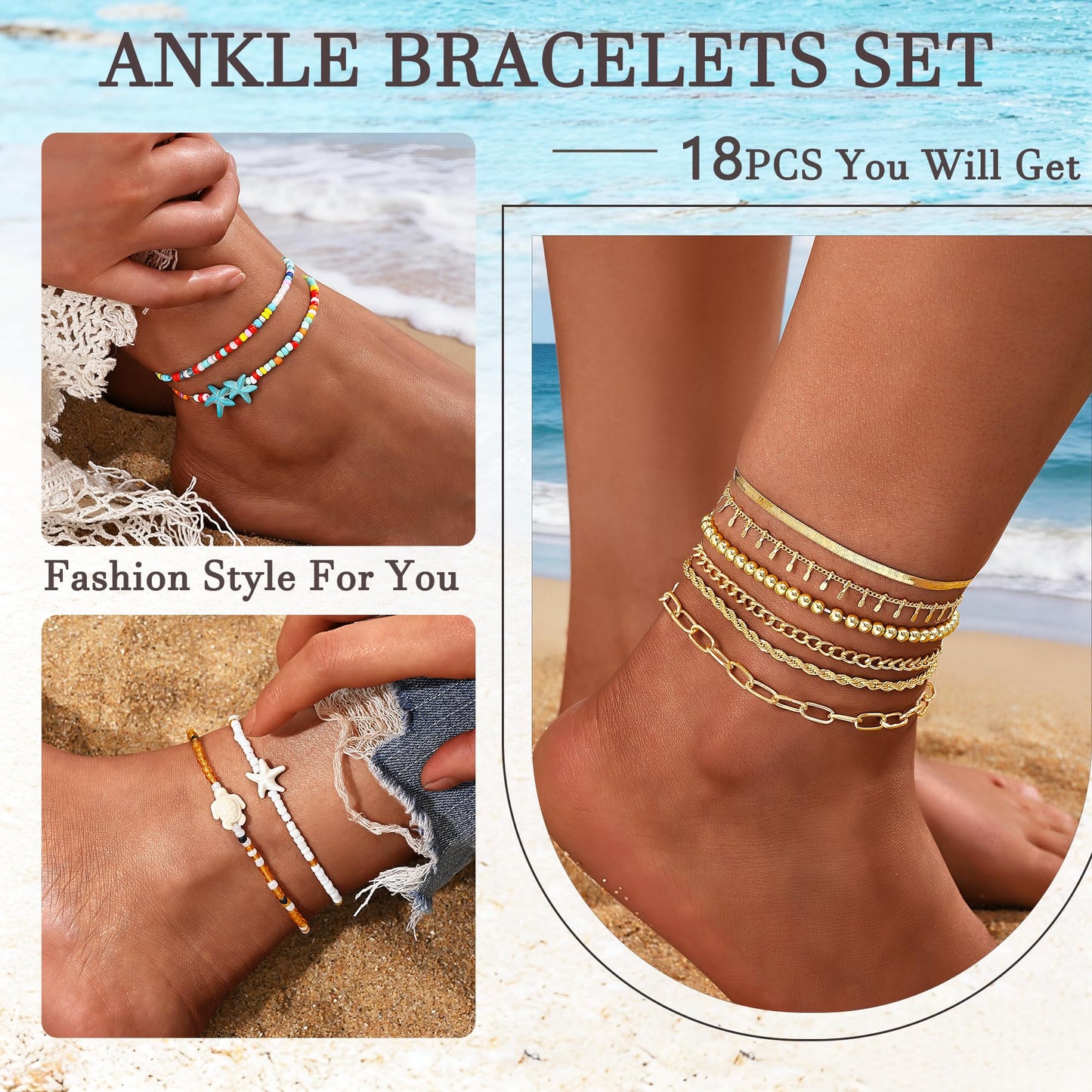 17KM 18PCS Gold Ankle Bracelets for Women, Boho Shell Bead Cuban Link Chain Waterproof Gold Anklets Set, Adjustable Layered Anklets for Women Beach Jewelry Gift