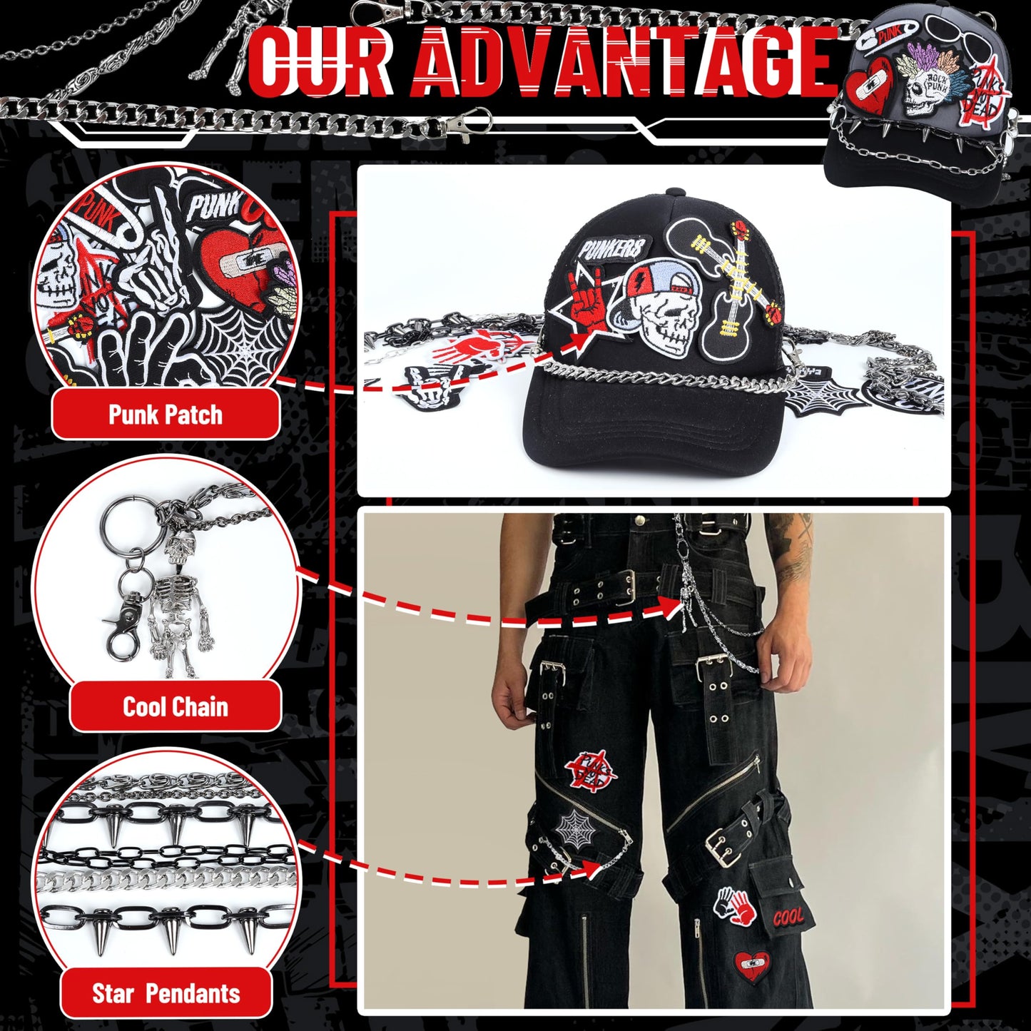 Meneng Punk Chains Kit for Men: 24PCS Black Hats Pants Chain with Embroidered Patch - Goth Hip Hop DIY Crafts for Jeans Wallets Belts Pockets Trucker Hats
