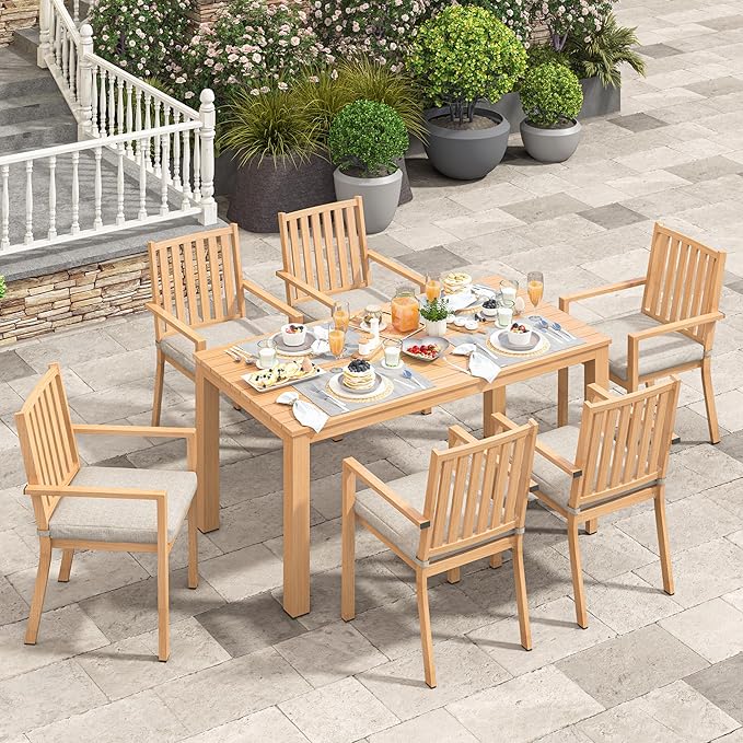 Wisteria Lane Aluminum 7 Pieces Patio Dining Sets, Outdoor Dining Table with 6 Chairs, Outdoor Patio Dining Furniture Set with Removable Cushion for Lawn, Garden, Backyard, Brown