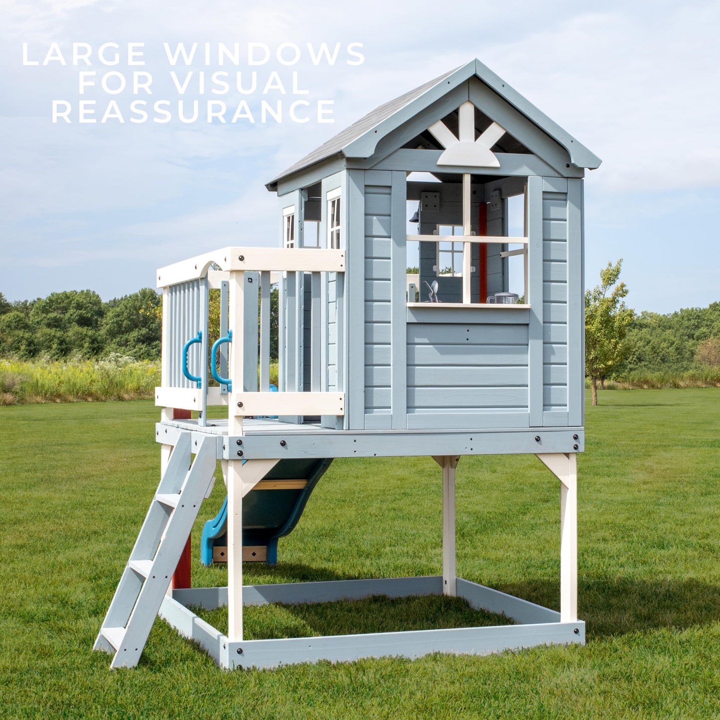 Backyard Discovery Beacon Heights Elevated Cedar Wooden Kids Playhouse with Wave Slide, Play Kitchen, Wrap-Around Deck, Flat-Step Ladder, Half Door, Windows, Bell, and Growth Chart for Outdoor Play