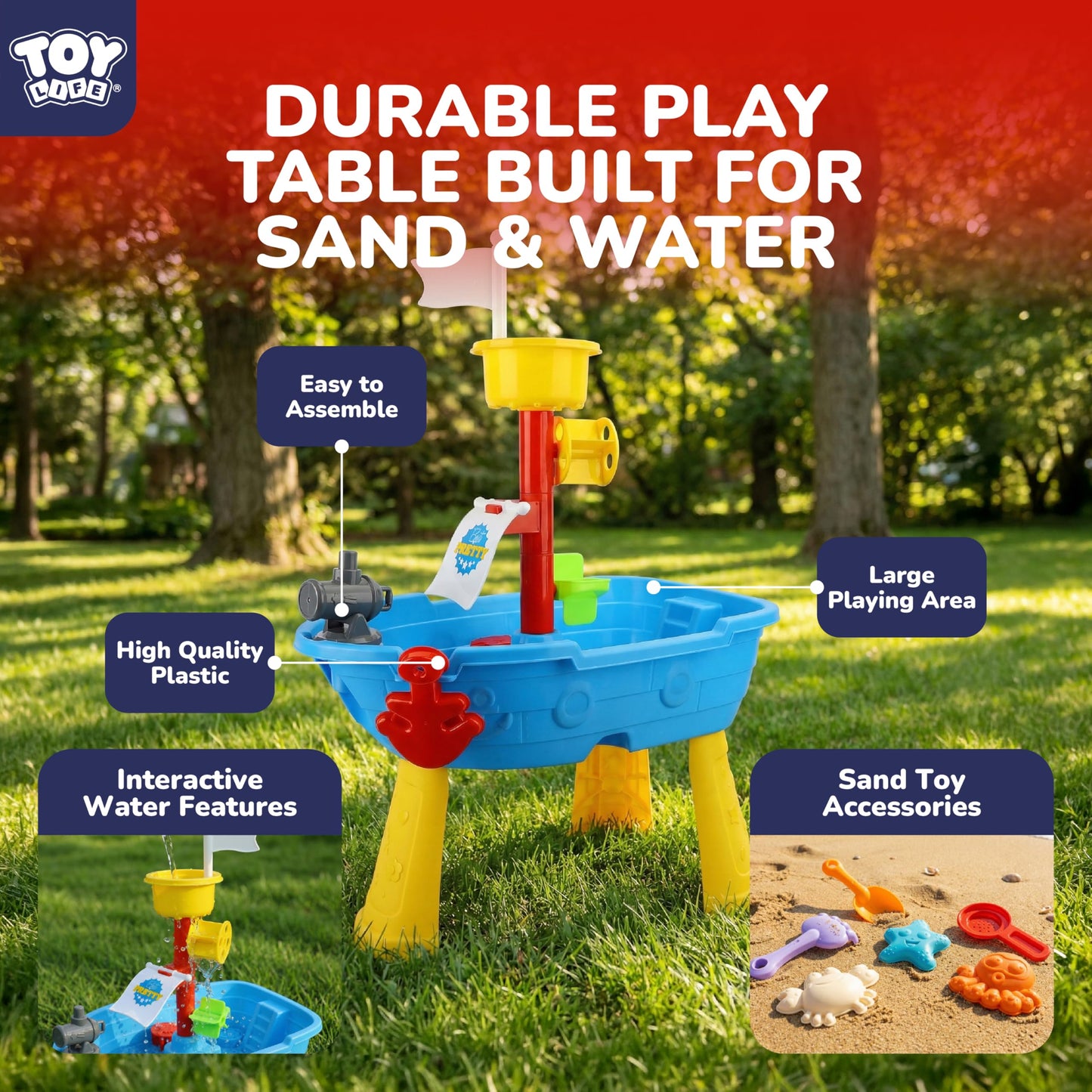 TOY Life Pirate Ship Water Table Set with 13 Gold Coins, 10 Gems, 6 Molds, 3 Shovels and Cup, Sand and Water Play Table for Kids, Indoor and Outdoor Use