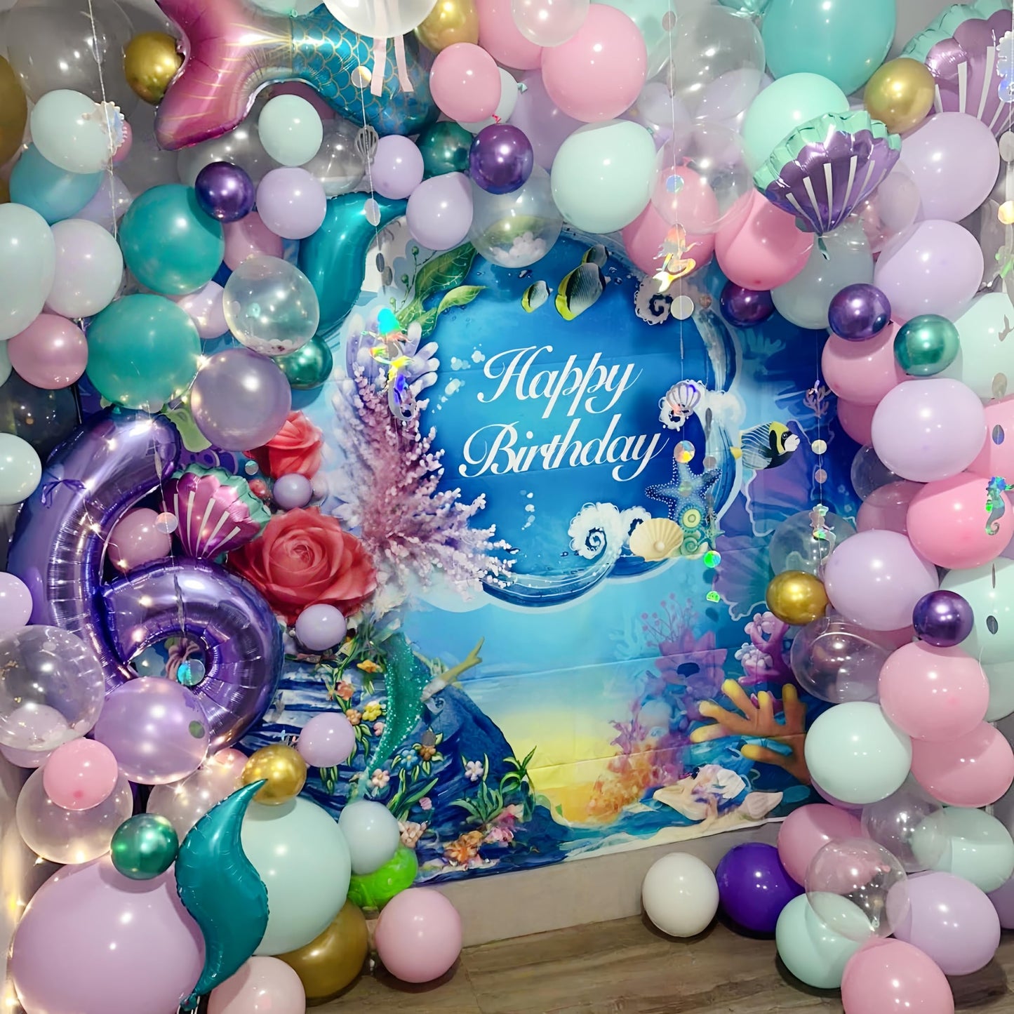 Mermaid Balloon Garland Arch Kit, Pastel Pink Purple Teal Blue Clear Latex Balloons with Mermaid Tail Seashell Foil balloons, for Girls Little mermaid Party Decorations Under the Sea Birthday Supplies