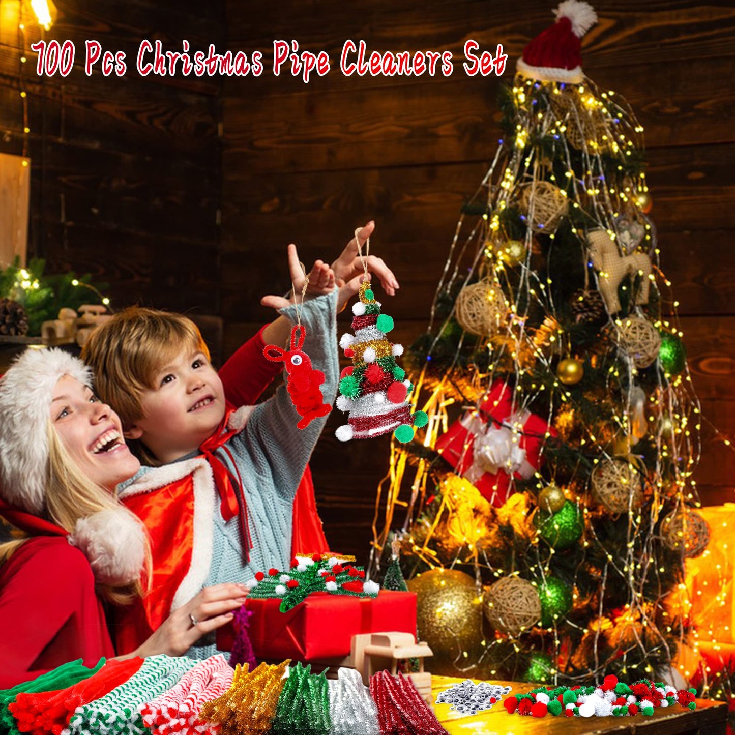 Christmas Pipe Cleaners,700 Pcs Pipe Cleaners Craft Set Including 200 Pcs Pipe Cleaners,400 Pcs Pom Poms Balls,100Pcs Wiggle Googly Eyes Self Adhesive Suitable for Home&School DIY Art Crafts