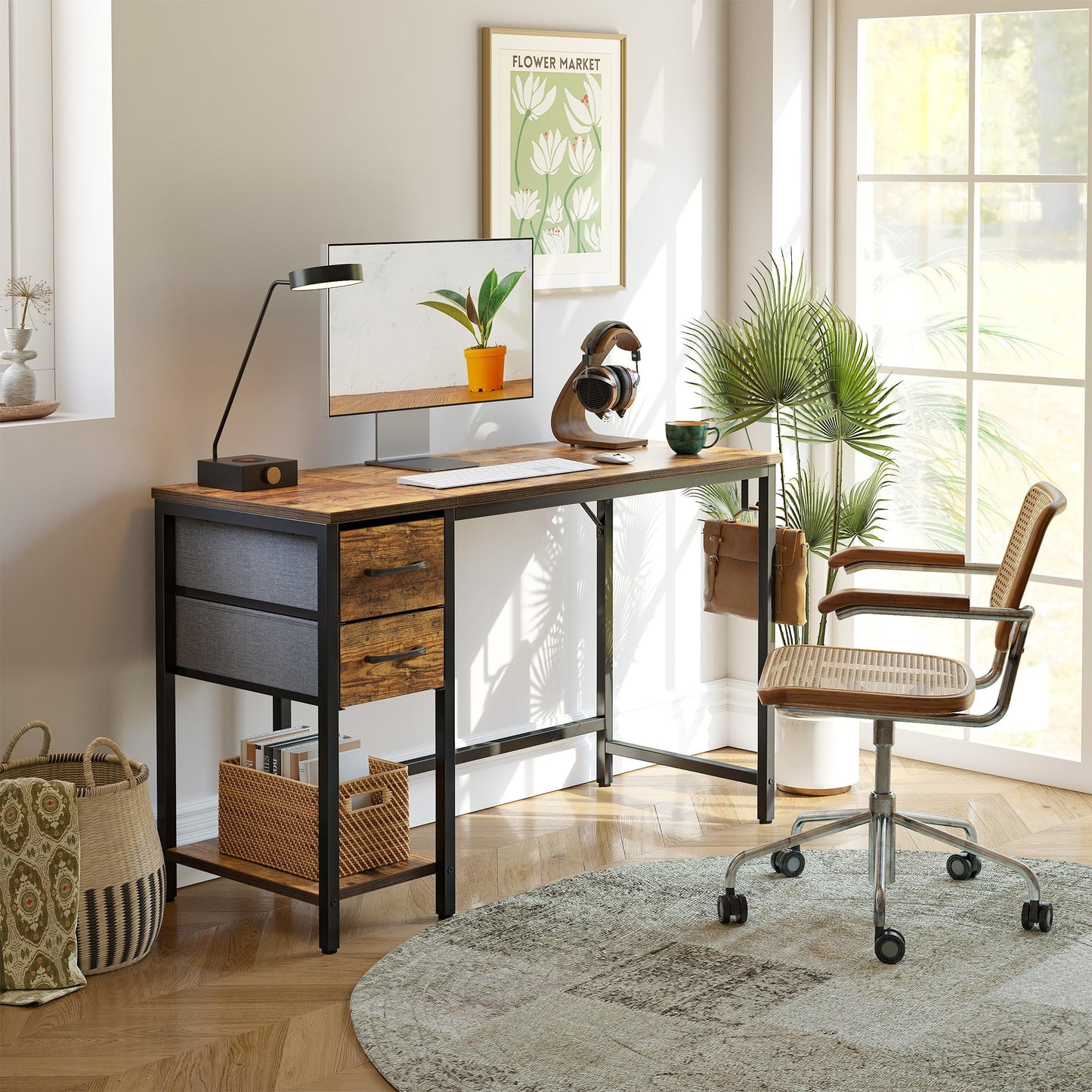 CubiCubi Computer Desk with 2 Drawers, 47 Inch Small Home Office Desk Study Writing Table, Rustic Brown