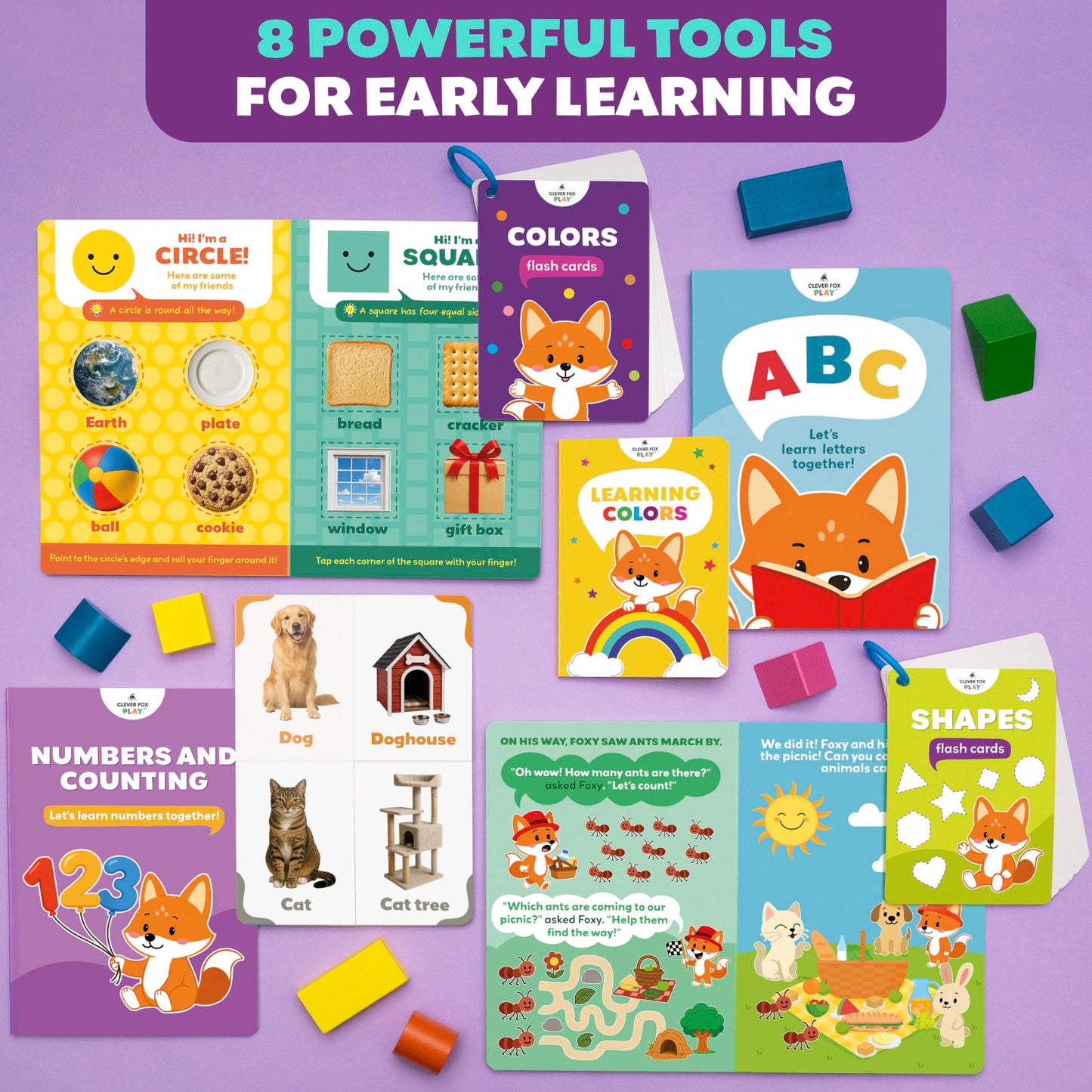 Clever Fox Play Smart Toddler Box for Kids Ages 1-3 – 8-Piece Learning Toy with Interactive Activity Books & Flashcards – Pre-K Speech Therapy, Vocabulary & Language Activities for 1, 2, 3 Year Olds
