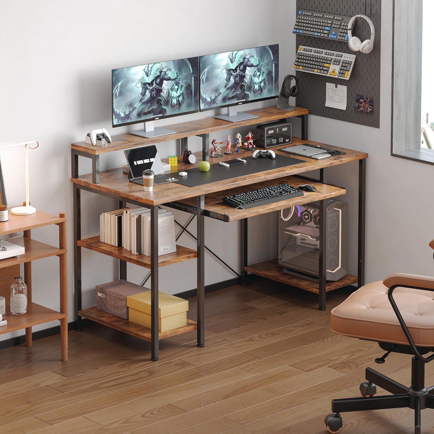 VERMESS 48Inch Computer Desk, Home Office Desks with Keyboard Tray, Gaming Desk with CPU Stand Shelf,Industrial Study Table Wide Writing Desk with Storage Shelves for 2 Monitors, Rustic Brown