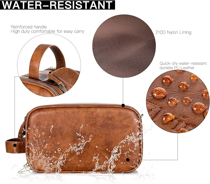 Elviros Travel Toiletry Bag Gift for Men，Mens Toiletries Bag Gifts Set Shaving Dopp Kit Water-resistant Bathroom Toiletries Organizer PU Leather Cosmetic Bags 2 Pack Brown