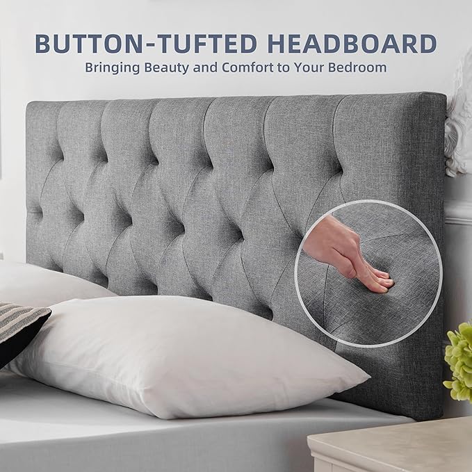 Linen Upholstered Headboard Queen Size, Modern Diamond Tufting Solid Wood Queen Headboard Only, Adjustable Height from 37” to 51” Head Board, Bed Frame or Wall Mount Headboards, Light Grey