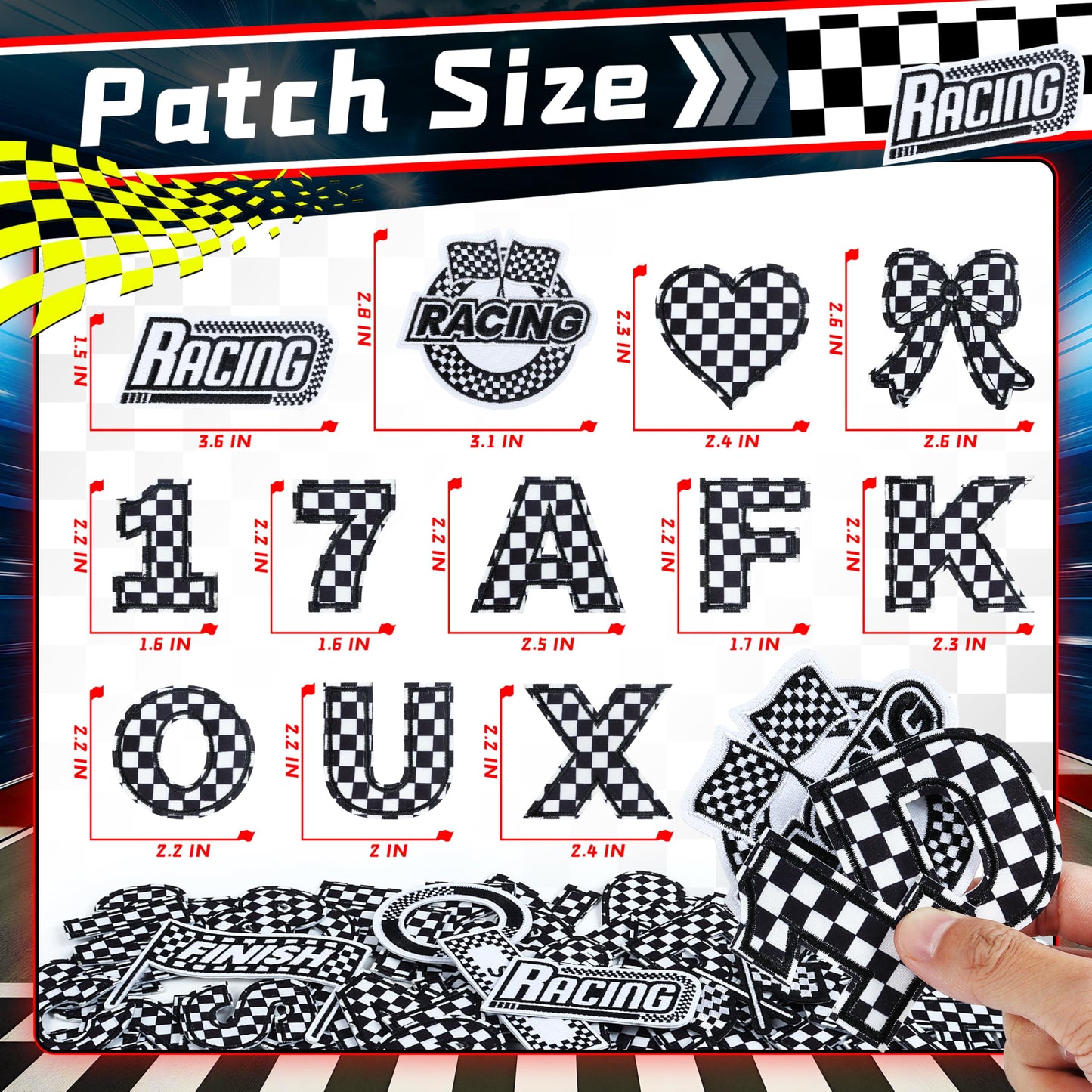 Meneng Letters and Numbers Patches for Racing: 82 Pcs Iron On Checkered Letters with Car Patches - Embroidered Flag Lightning Patch for Jacket Hat Customization